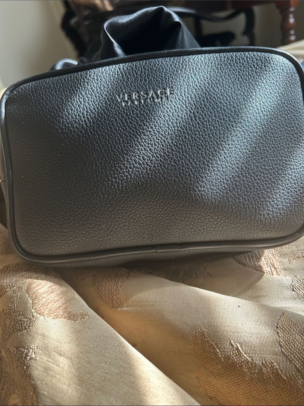 Versace Black Pebbled  Faux Leather Cosmetic Clutch Pouch